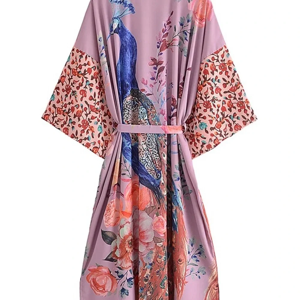 Boho Silky Long Robe Belted Bohemian Oversized duster long dressy floral Kimono - Picture 2 of 3